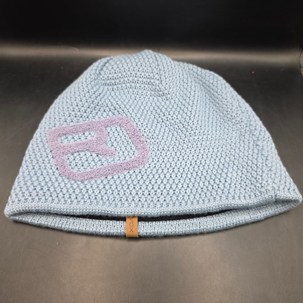 Ortovox Beanie Hat Unisex OS Light Blue Knit Virgin Wool Blend Logo Germany Made